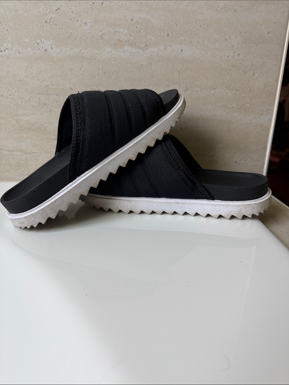 Black Slide Sandals with White Ridged Sole